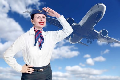 Image of Smiling stewardess against blue sky with plane and clouds