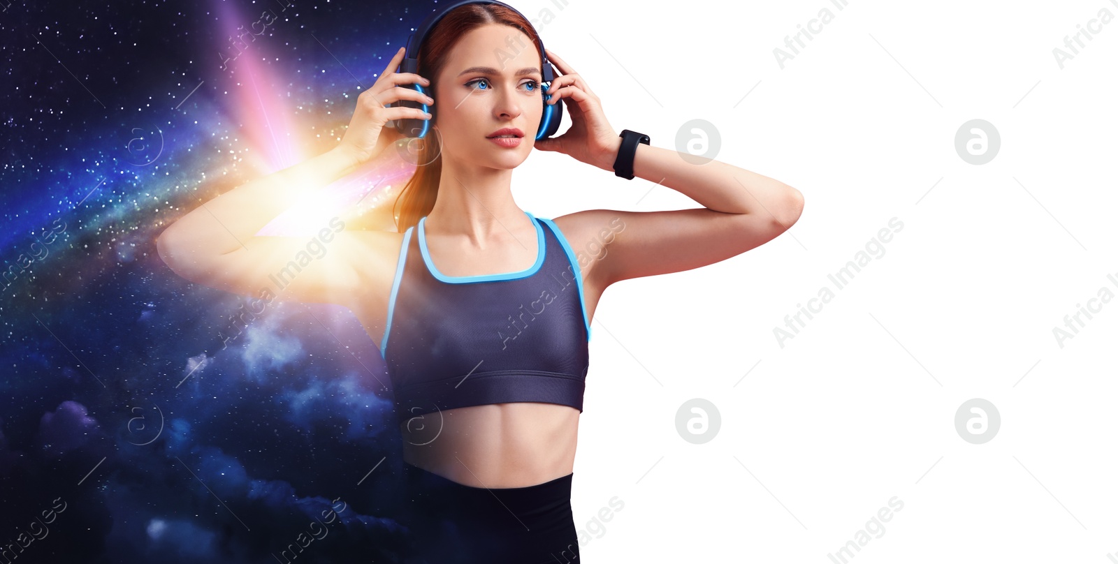 Young woman listening to music with headphones on white background, double exposure with universe Image of Young woman listening to music with headphones on white background, double exposure with universe
