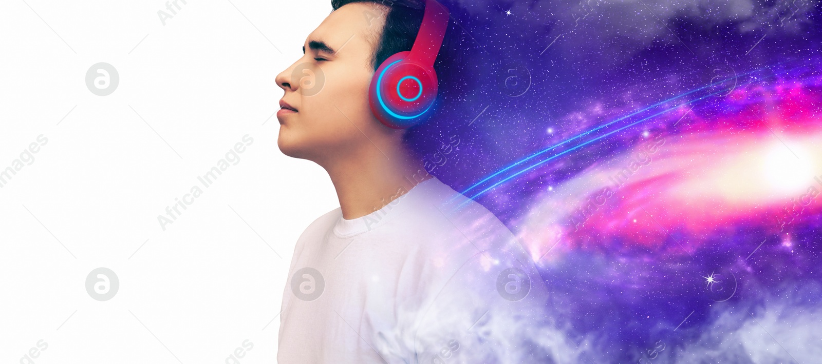 Young man listening to music with headphones on white background, double exposure with universe Image of Young man listening to music with headphones on white background, double exposure with universe