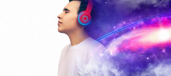 Image of Young man listening to music with headphones on white background, double exposure with universe