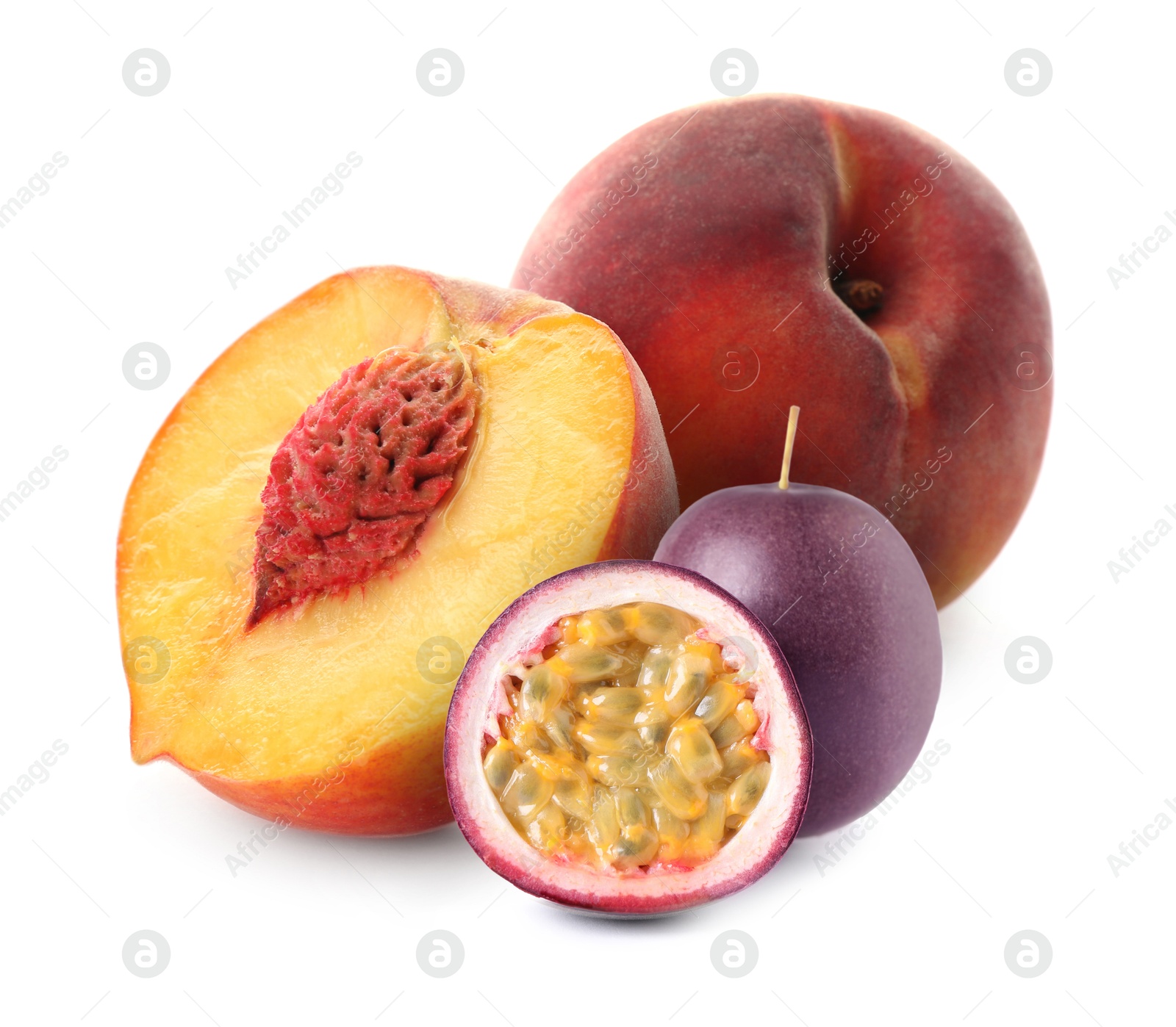 Tasty ripe passion and peach fruits on white background Image of Tasty ripe passion and peach fruits on white background