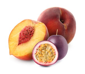 Image of Tasty ripe passion and peach fruits on white background