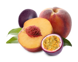 Image of Tasty ripe passion and peach fruits on white background