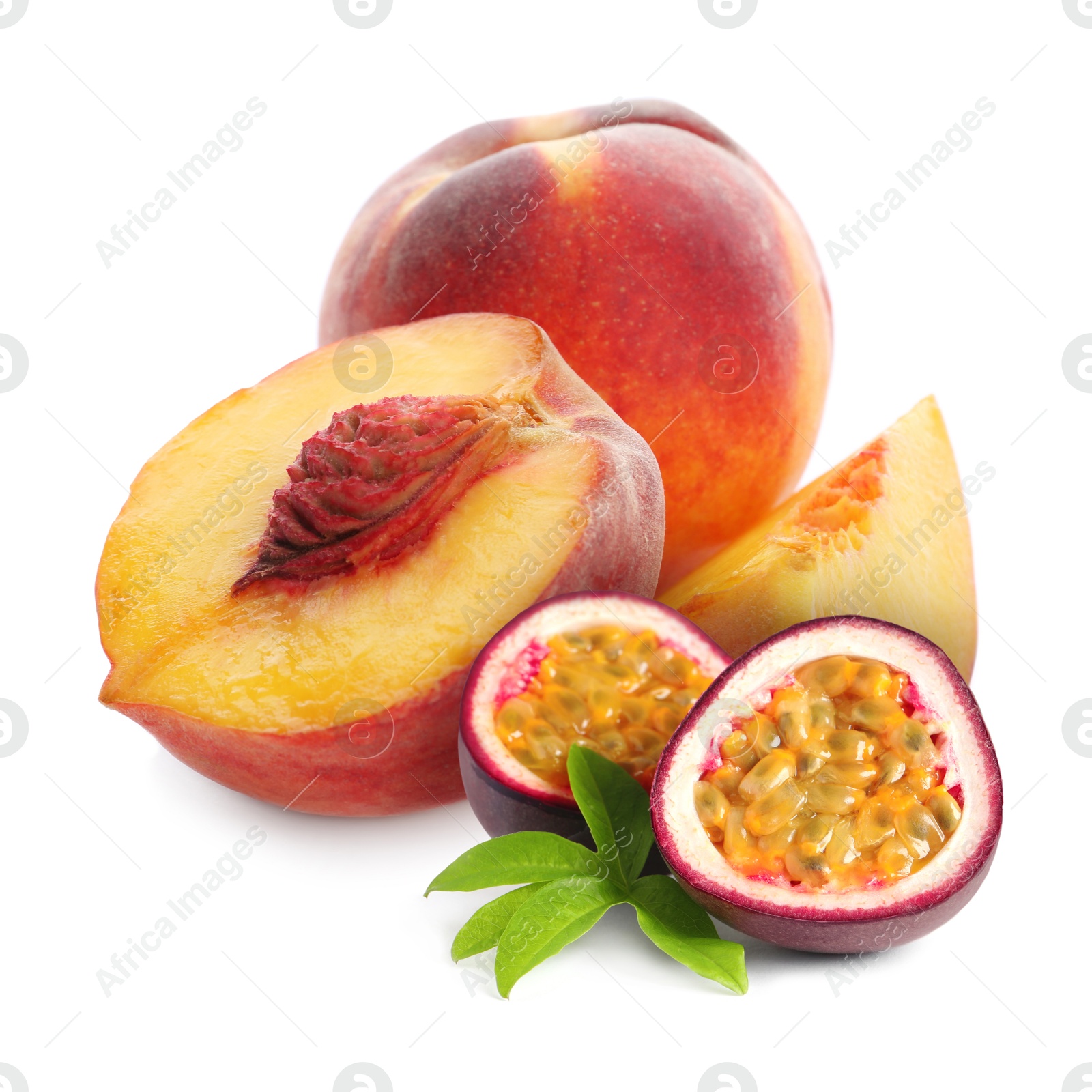Tasty ripe passion and peach fruits on white background Image of Tasty ripe passion and peach fruits on white background