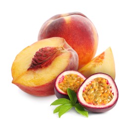 Image of Tasty ripe passion and peach fruits on white background
