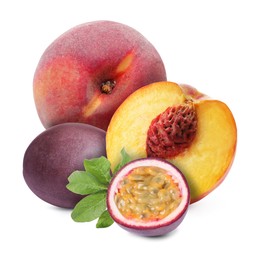 Image of Tasty ripe passion and peach fruits on white background