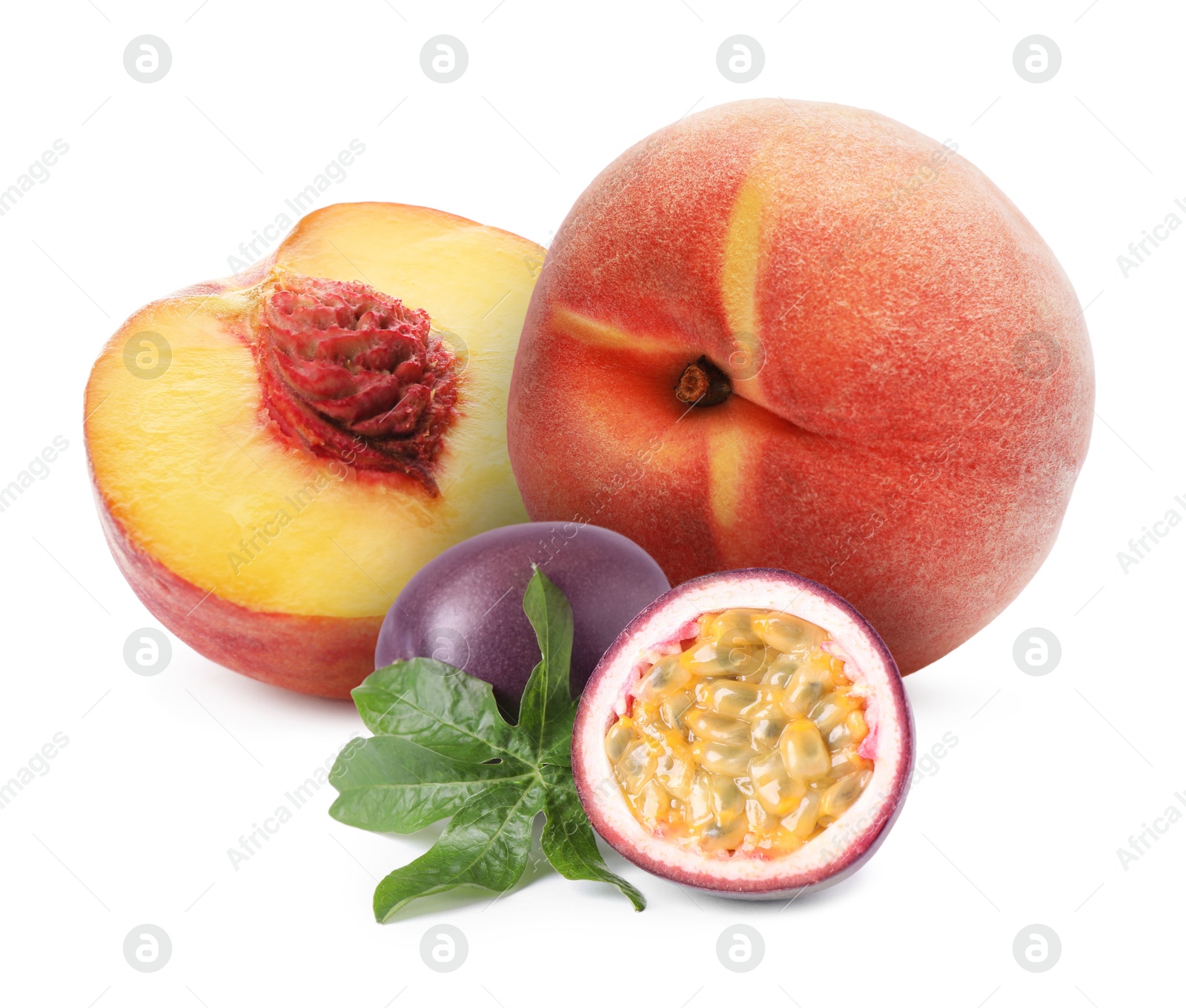 Tasty ripe passion and peach fruits on white background Image of Tasty ripe passion and peach fruits on white background