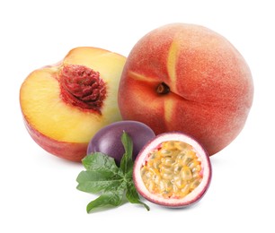 Image of Tasty ripe passion and peach fruits on white background