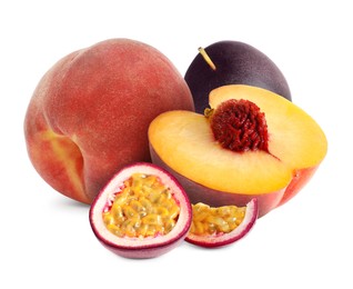 Image of Tasty ripe passion and peach fruits on white background