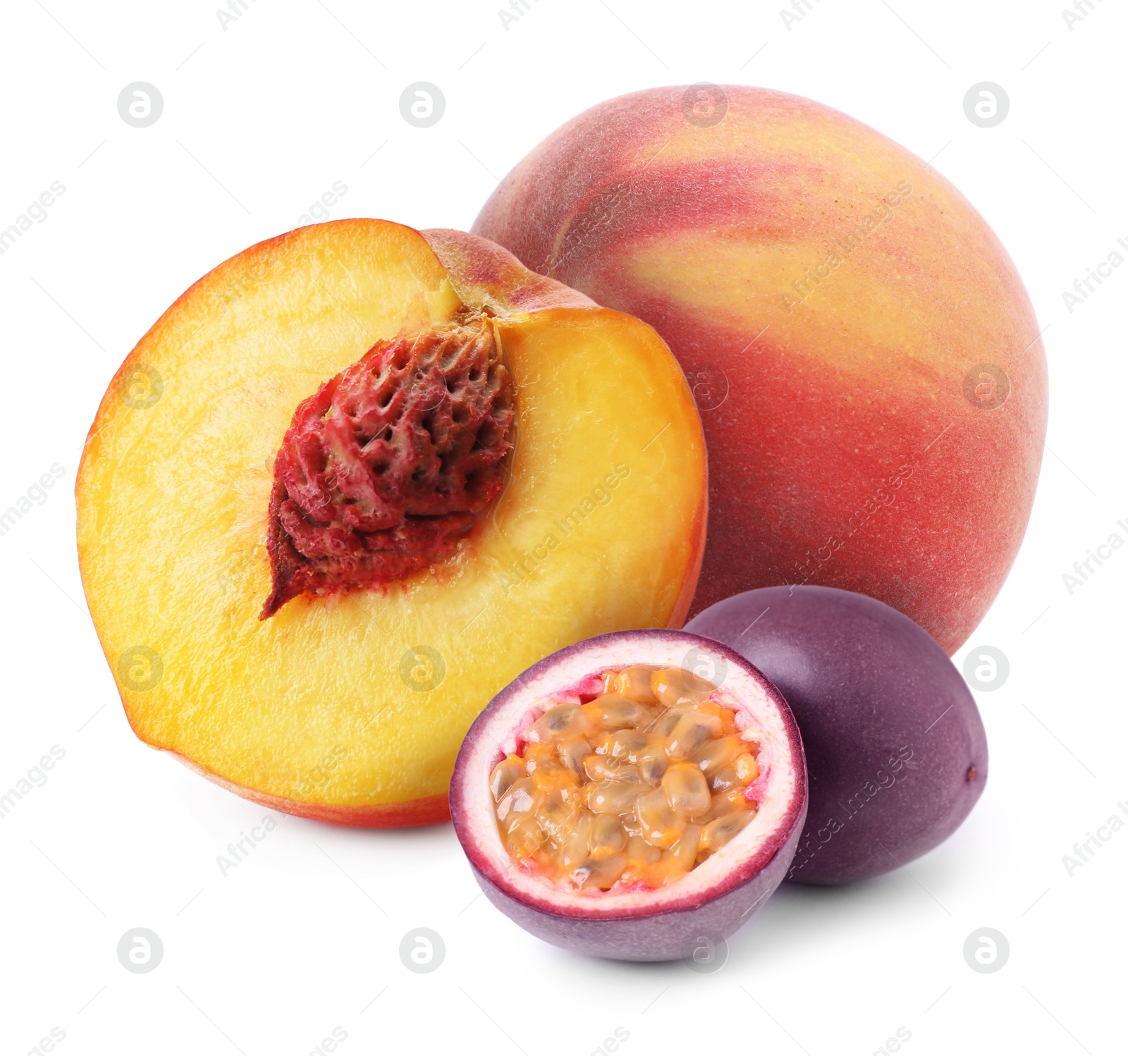 Tasty ripe passion and peach fruits on white background Image of Tasty ripe passion and peach fruits on white background