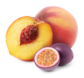 Image of Tasty ripe passion and peach fruits on white background