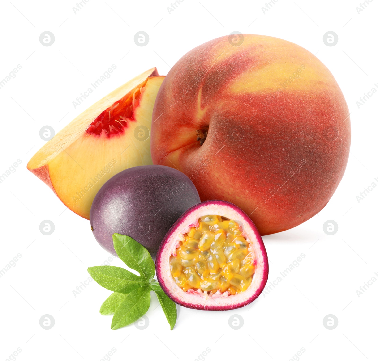 Tasty ripe passion and peach fruits on white background Image of Tasty ripe passion and peach fruits on white background