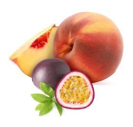 Image of Tasty ripe passion and peach fruits on white background