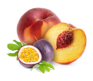 Image of Tasty ripe passion and peach fruits on white background