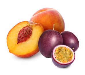 Image of Tasty ripe passion and peach fruits on white background