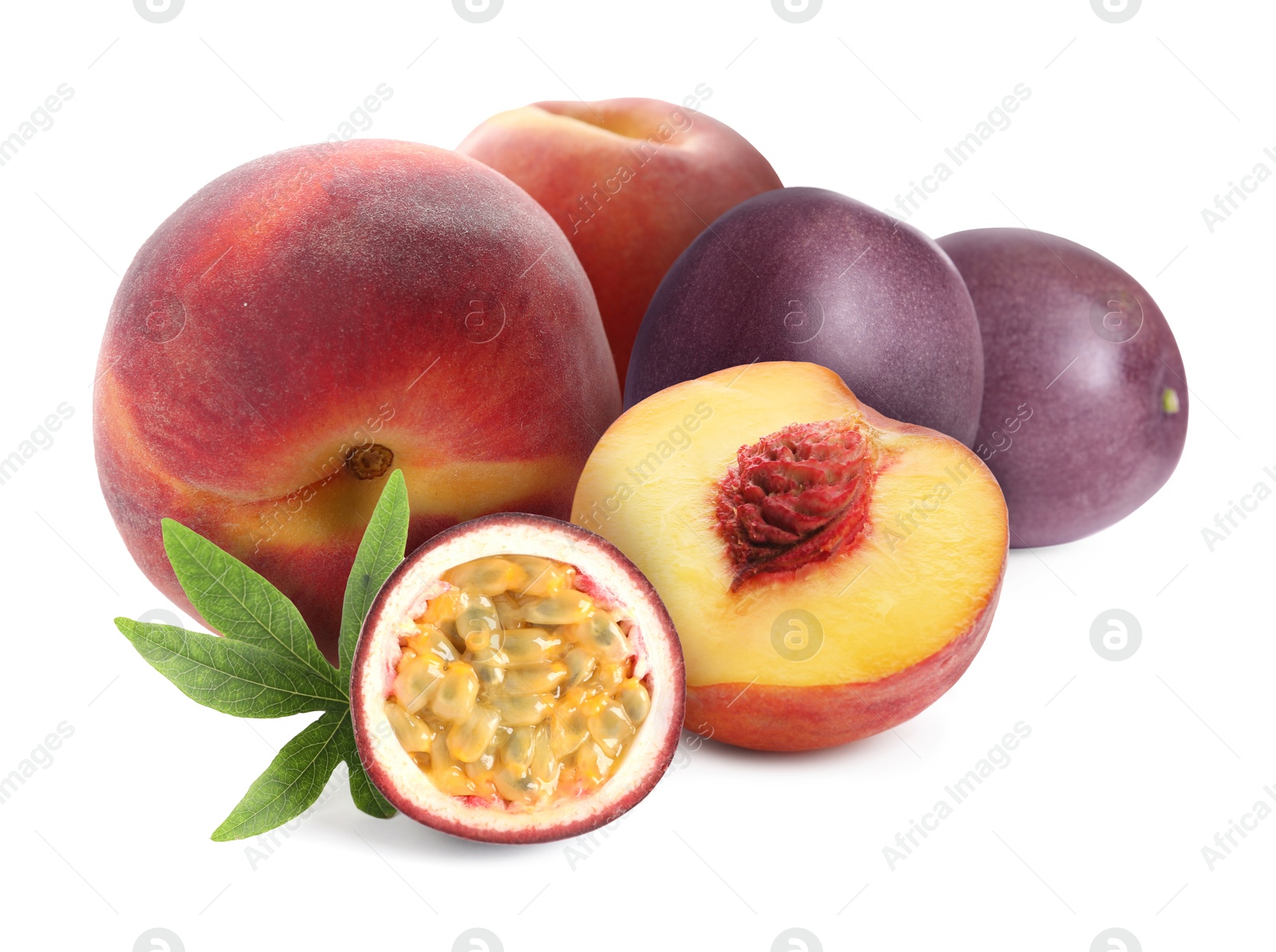 Tasty ripe passion and peach fruits on white background Image of Tasty ripe passion and peach fruits on white background