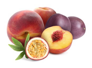Image of Tasty ripe passion and peach fruits on white background