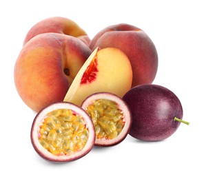 Image of Tasty ripe passion and peach fruits on white background
