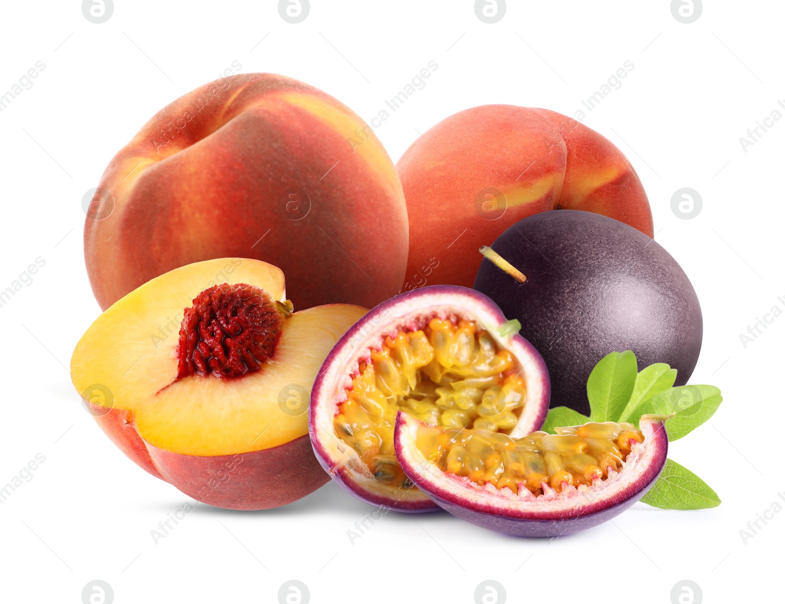 Tasty ripe passion and peach fruits on white background Image of Tasty ripe passion and peach fruits on white background