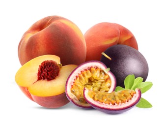 Image of Tasty ripe passion and peach fruits on white background