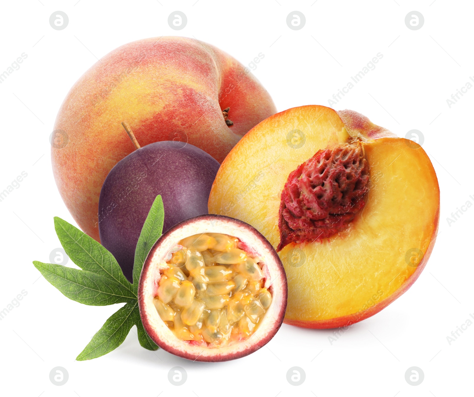 Tasty ripe passion and peach fruits on white background Image of Tasty ripe passion and peach fruits on white background