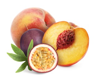 Image of Tasty ripe passion and peach fruits on white background