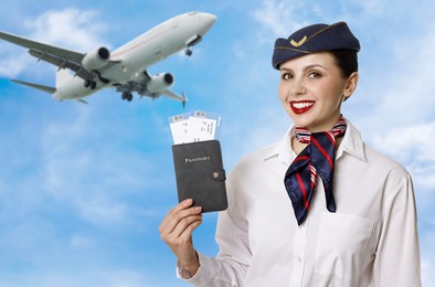 Image of Smiling stewardess holding passport against blue sky with clouds and plane
