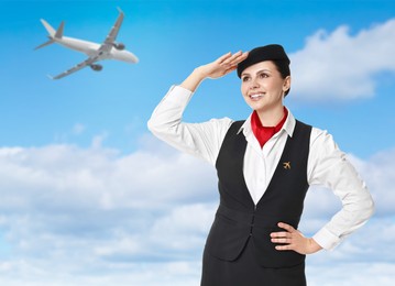 Image of Smiling stewardess against blue sky with plane and clouds
