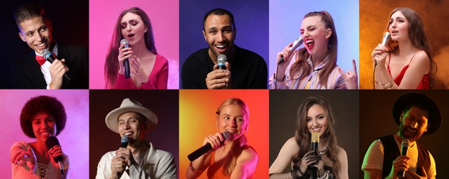 Image of Singers with microphones performing on color backgrounds, collection of photos. Banner design