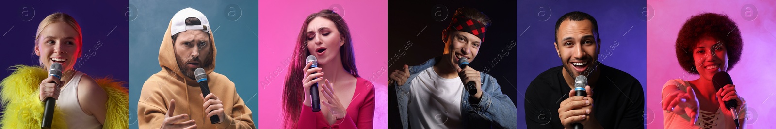 Image of Singers with microphones performing on color backgrounds, collection of photos. Banner design