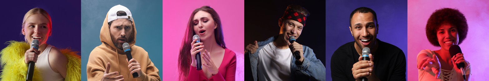 Image of Singers with microphones performing on color backgrounds, collection of photos. Banner design