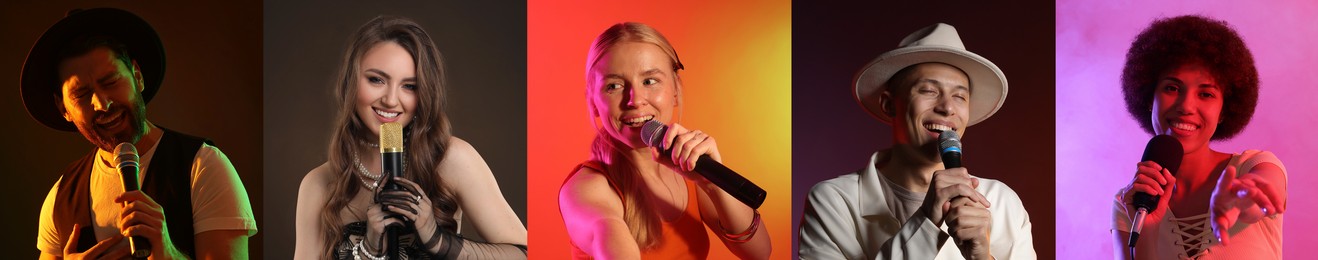 Image of Singers with microphones performing on color backgrounds, collection of photos. Banner design