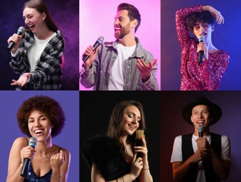Image of Singers with microphones performing on color backgrounds, collection of photos