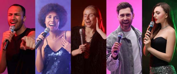 Image of Singers with microphones performing on color backgrounds, collection of photos. Banner design