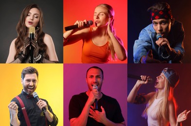 Image of Singers with microphones performing on color backgrounds, collection of photos
