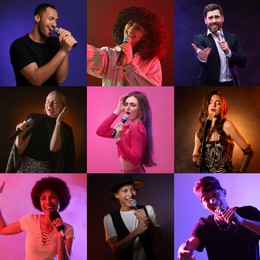 Image of Singers with microphones performing on color backgrounds, collection of photos