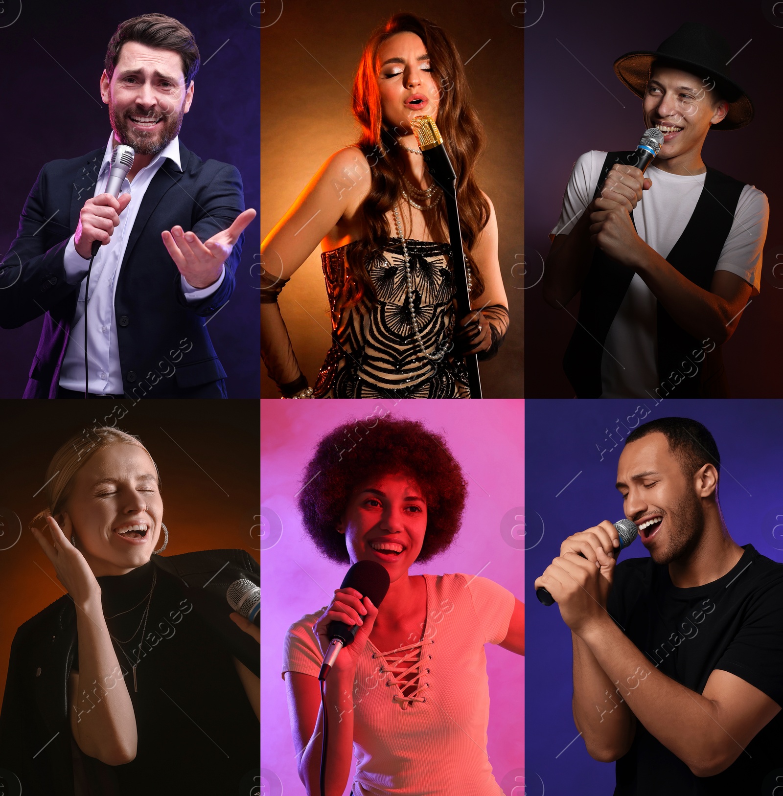 Singers with microphones performing on color backgrounds, collection of photos Image of Singers with microphones performing on color backgrounds, collection of photos