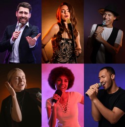 Image of Singers with microphones performing on color backgrounds, collection of photos