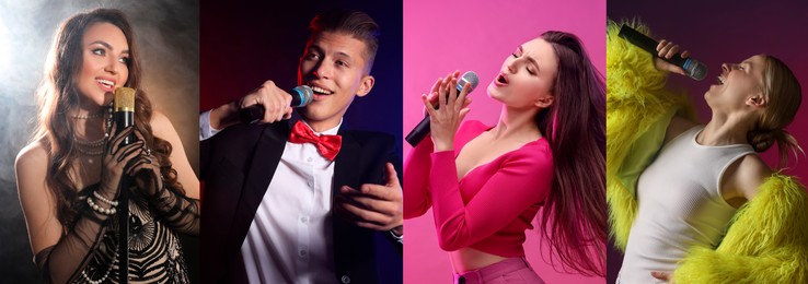 Image of Singers with microphones performing on color backgrounds, collection of photos. Banner design