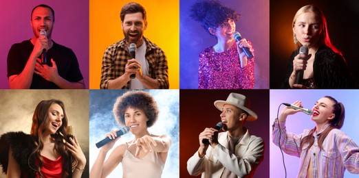 Image of Singers with microphones performing on color backgrounds, collection of photos. Banner design