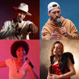 Image of Singers with microphones performing on color backgrounds, collection of photos