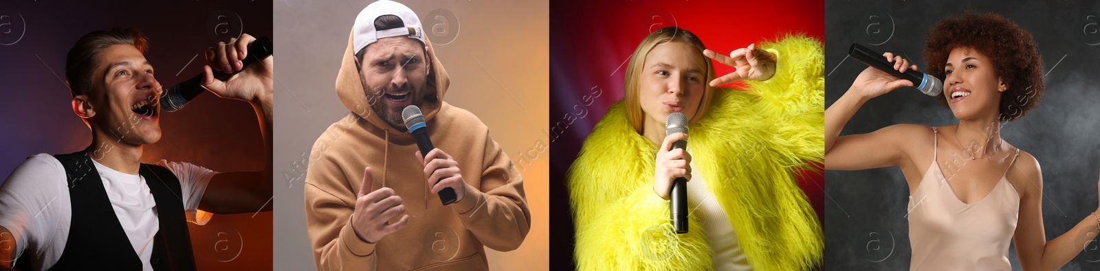 Singers with microphones performing on color backgrounds, collection of photos. Banner design Image of Singers with microphones performing on color backgrounds, collection of photos. Banner design