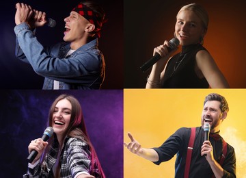 Image of Singers with microphones performing on color backgrounds, collection of photos