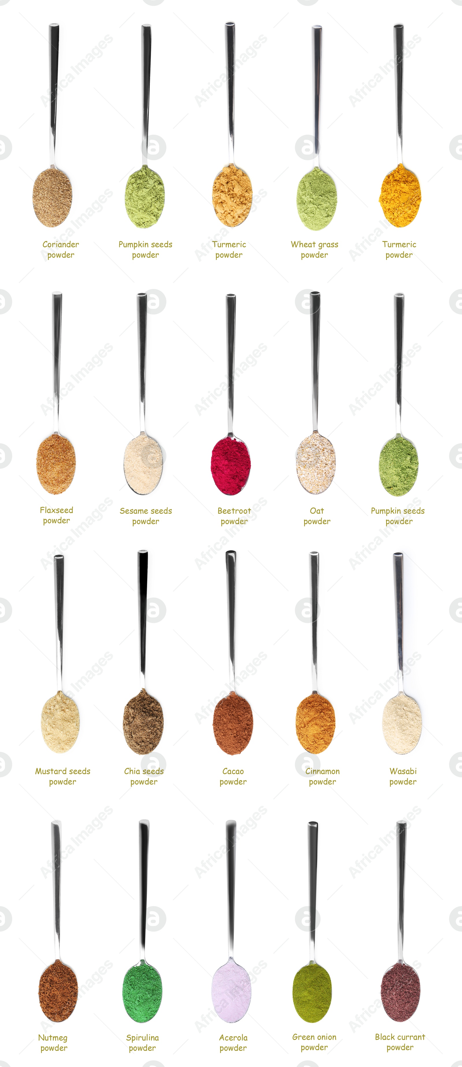 Superfoods. Different powders in spoons and names on white background, set. Top view Image of Superfoods. Different powders in spoons and names on white background, set. Top view