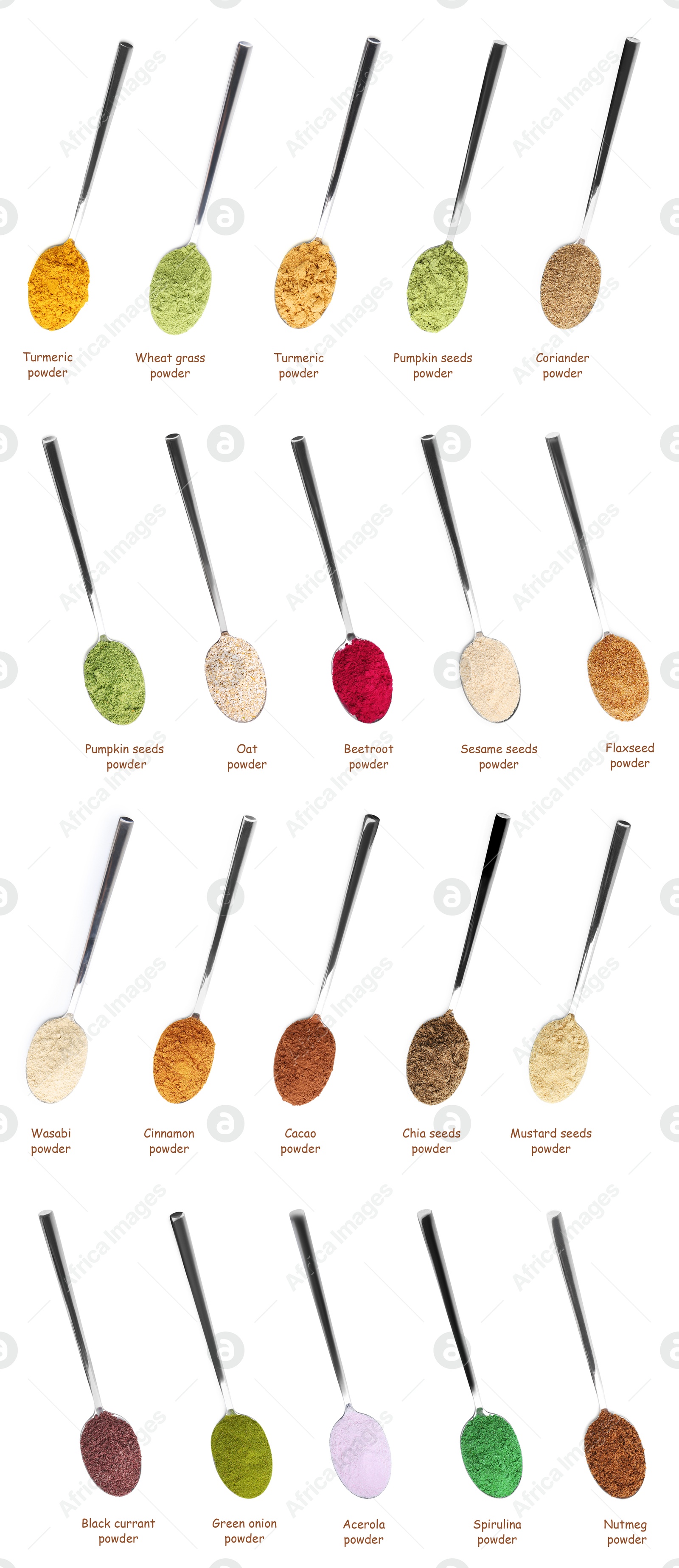 Superfoods. Different powders in spoons and names on white background, set. Top view Image of Superfoods. Different powders in spoons and names on white background, set. Top view