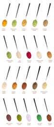 Image of Superfoods. Different powders in spoons and names on white background, set. Top view
