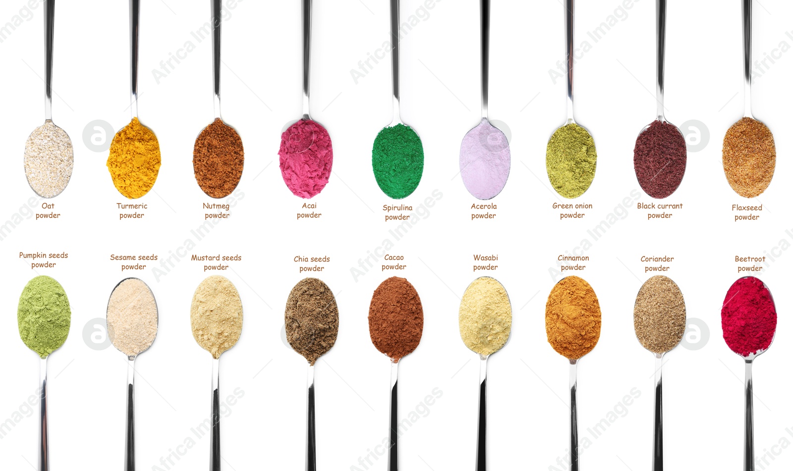 Superfoods. Different powders in spoons and names on white background, set. Top view Image of Superfoods. Different powders in spoons and names on white background, set. Top view