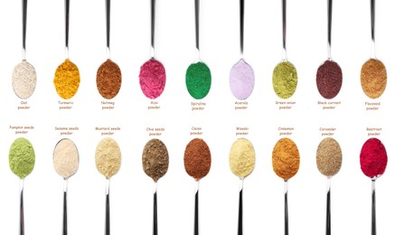 Image of Superfoods. Different powders in spoons and names on white background, set. Top view