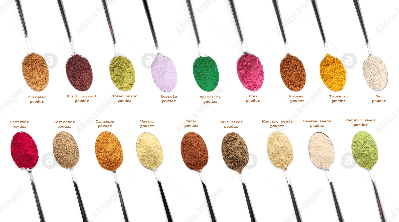 Superfoods. Different powders in spoons and names on white background, set. Top view Image of Superfoods. Different powders in spoons and names on white background, set. Top view