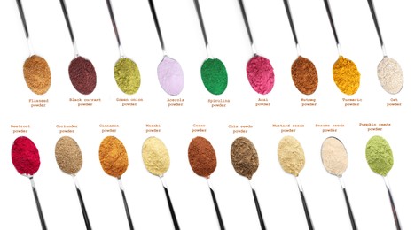 Image of Superfoods. Different powders in spoons and names on white background, set. Top view